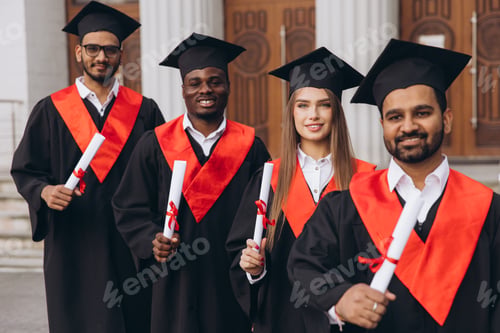 Preview: Diverse Group of Happy Graduates in Caps and Gowns Celebrating Success in Front of University