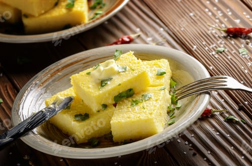 Preview: Polenta with butter and greens on clay dish on wooden rustic tab