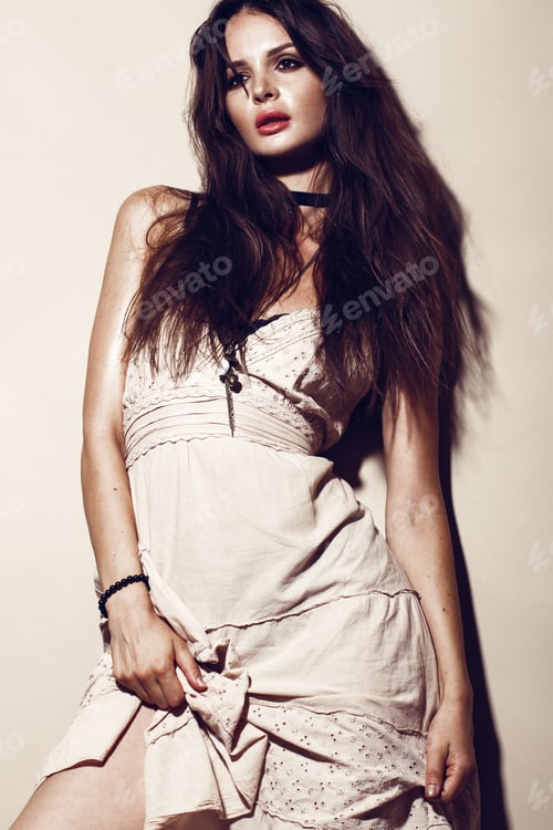 Preview: Glamour fashion sexy woman with tanned skin,evening makeup in summer dress and black lace underwear