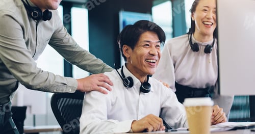 Preview: Call center, business people and man with computer, achievement and smile in modern office. Group,