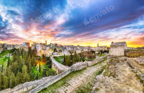 Preview: Fabulous view on Gravina in Puglia ancient town, bridge and canyon at sunris