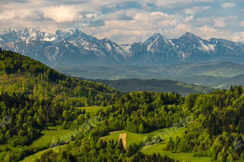 Preview: Green hills of Pieniny National Park and snowy Tatra Mountains in background in Poland