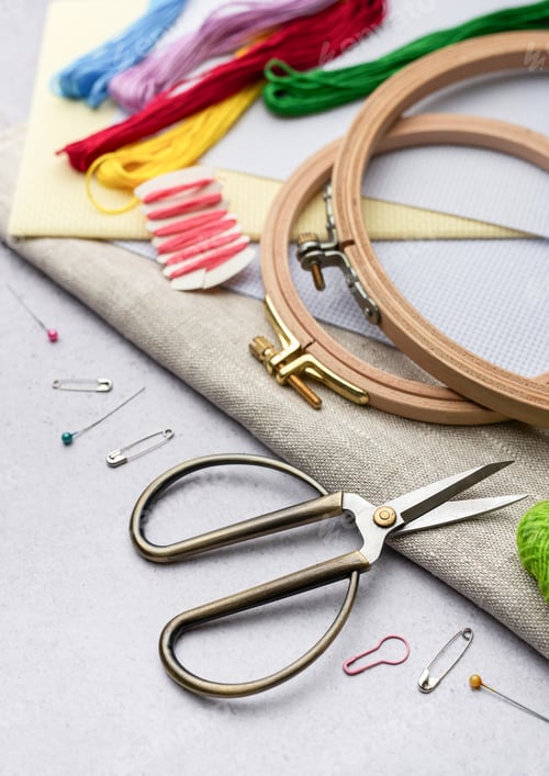 Preview: Embroidery hoop, fabric, thread and other accessories