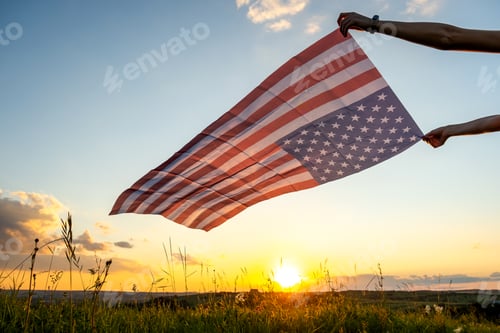 Preview: Flag Waving in a Field at Sunset