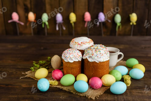 Preview: Easter cake and Easter eggs festive celebration table