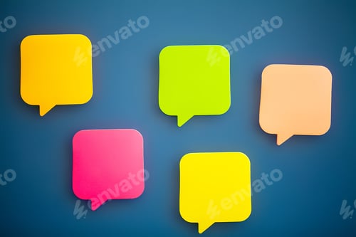 Preview: Colorful stickers on blue wall. Empty Space for text