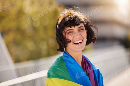 Preview: Love, equality and portrait of woman with pride flag in city, happy non binary lifestyle of freedom