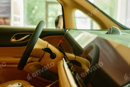 Preview: Steering Wheel and Dashboard of New Car with Beige Leather Interior