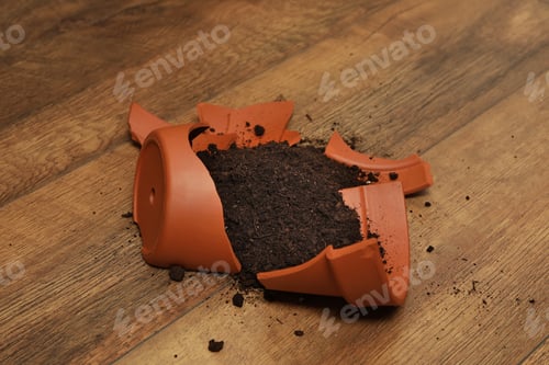 Preview: Broken terracotta flower pot with soil on wooden floor