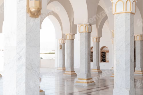 Preview: Portico of El Salam Mosque with white columns and arches.