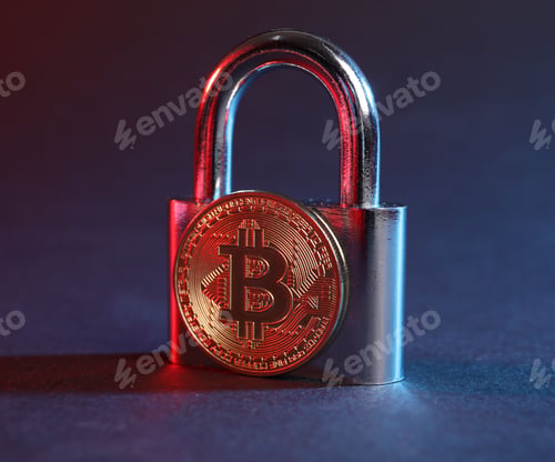 Preview: Bitcoin and padlock on blue background in red light, closeup