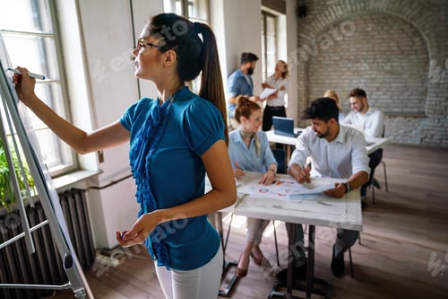 Preview: Female chief analyst holds meeting presentation for a business team of economists. Work in office.