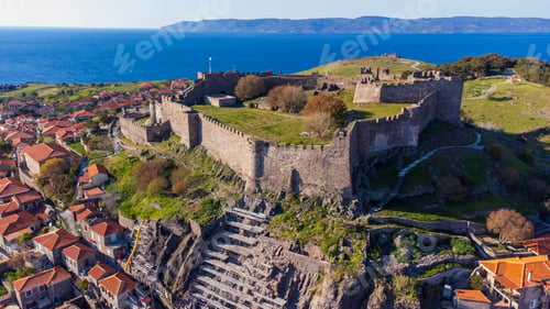 Preview: Traditional Greece. Lesvos island, view of town Molyvos (Mithymna) with old castle above