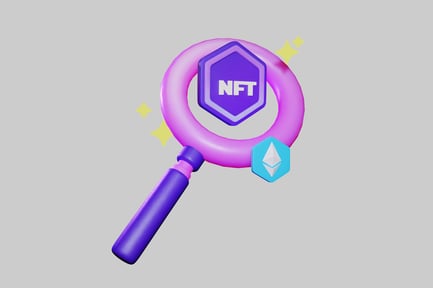 Preview: Magnifying glass with NFT and Ethereum logos.