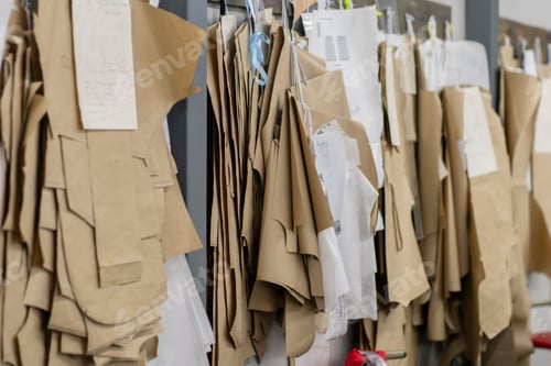 Preview: many paper patterns for sewing clothes hang on wall in dressmaking manufactory