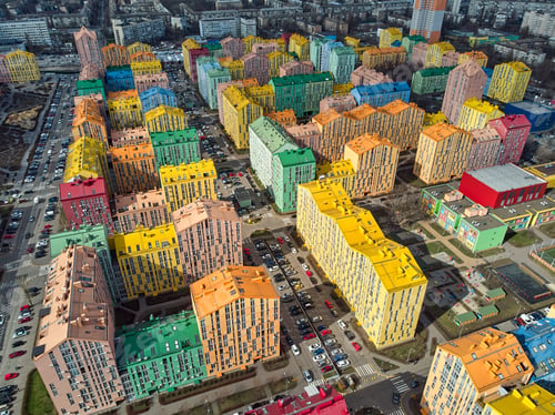 Preview: Aerial top view of a drone in the colorful modern city. Comfort town Kyiv Ukraine
