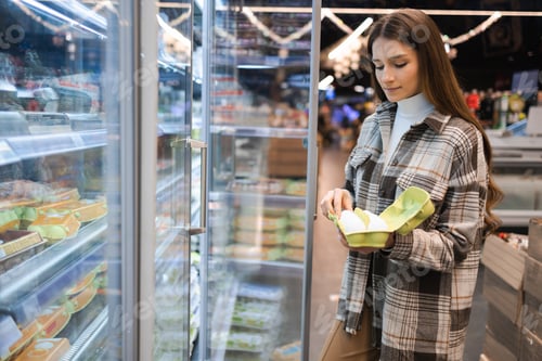 Preview: Young woman in the grocery shop during choosing and buying fresh chicken eggs