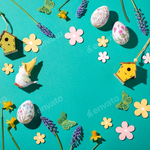 Preview: Easter square frame with flower design eggs, hyacinths, flower decor on spring green background