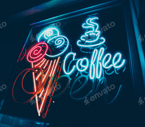 Preview: Open sign of a Coffee Shop with ice cream cone at night