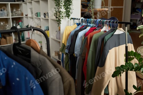 Preview: Two racks with secondhand attire in shop
