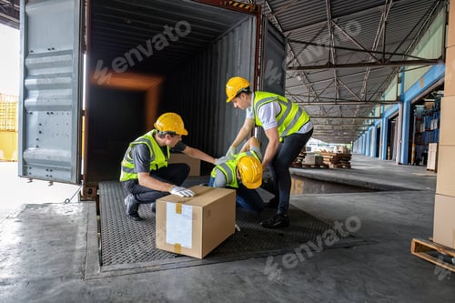 Preview: Worker carry carton box taken from 40 feet steel container got accident drop box to floor injury