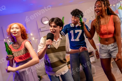 Preview: Group of diverse Generation Z friends enjoying a party in a cozy house.