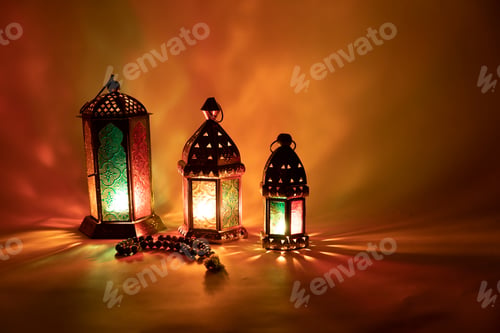 Preview: Three Arabic lantern with prayer beads in orange color for Ramadan, Eid, Islamic new year