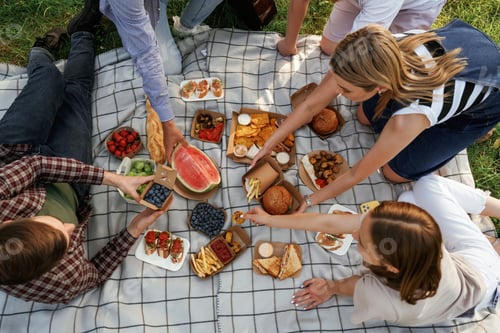 Preview: Fresh products, sitting. Group of friends are having picnic on the field with food in eco boxes