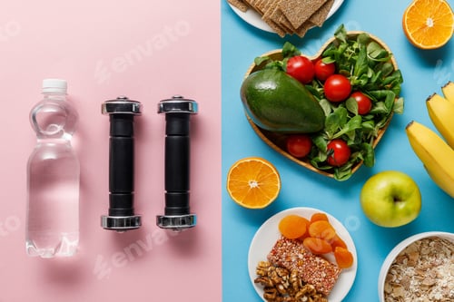 Preview: top view of diet food near dumbbells and water on blue and pink background