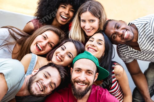 Preview: Multicultural men and women taking selfie outside