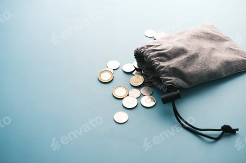 Preview: top view of coins spilling from a small bag