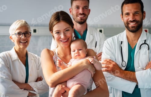 Preview: Portrait of happy mother with baby, medical pediatrician doctors, nurse