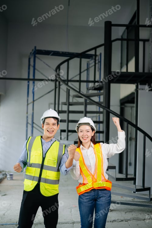 Preview: Asian engineers in safety vests and hard hats smiling on a construction site. Teamwork, pride,