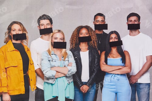 Preview: Freedom Of Speech Concept Showing Group Of Young People With Mouths Covered With Tape