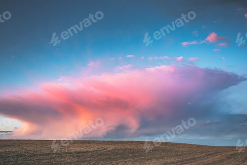 Preview: Spring Field At Evening Sunset. Morning Natural Bright Dramatic Sunrise Sky Above In Pink Colours
