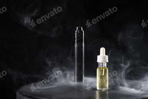 Preview: Electronic cigarette and liquid with clouds of smoke on dark background