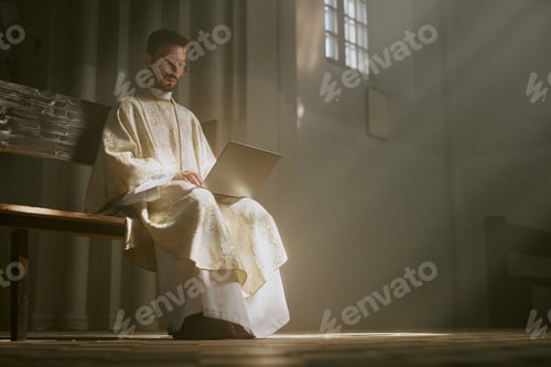 Preview: Sunrays Illuminating Priest on Bench