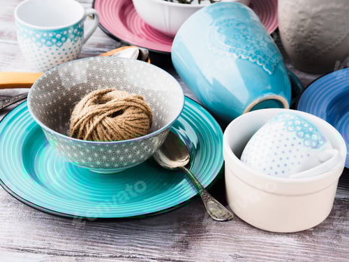 Preview: Ceramic crockery on wooden background