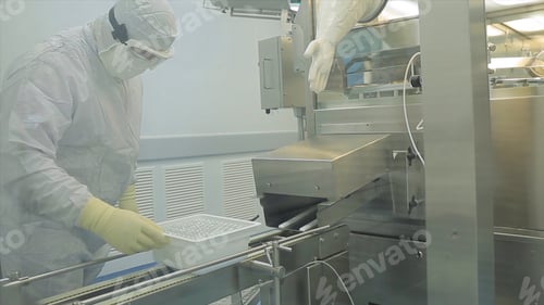 Preview: Pharmaceutical industry. Male factory worker inspecting quality of pills packaging in pharmaceutical