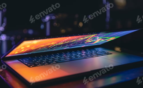 Preview: Close up of laptop keyboard colorful neon illumination, backlit keyboard.