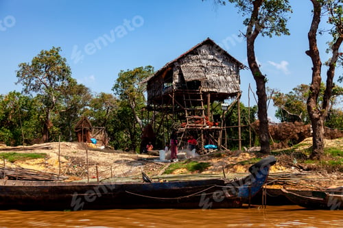 Preview: Kampong Phluk village during drought season. Life, work of residents of Cambodian village on water
