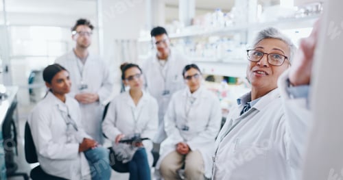 Preview: Presentation, research and group of scientists in laboratory with mentor for bio medical internship