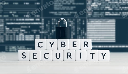 Preview: Cyber security words on blocks, closed padlock and computer data
