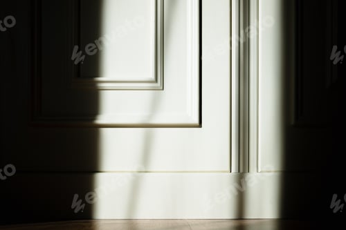 Preview: Shadows and sun rays outline a white wooden door with a skilled carpenter.