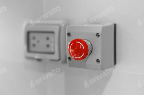 Preview: red emergency stop button, stop breaker pressing switch, urgent calling for help, stop loss concept.