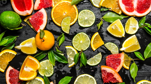 Preview: Sliced citrus fruits - grapefruit, orange, tangerine, lemon, lime with leaves .