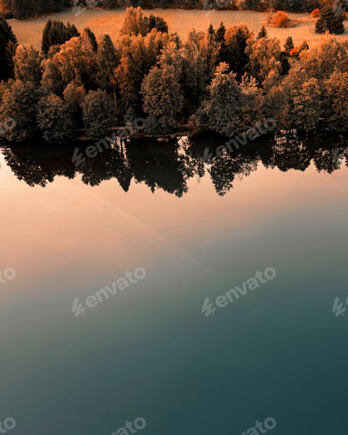 Preview: Vertical drone shot of a lake reflecting yellowing trees near golden hour