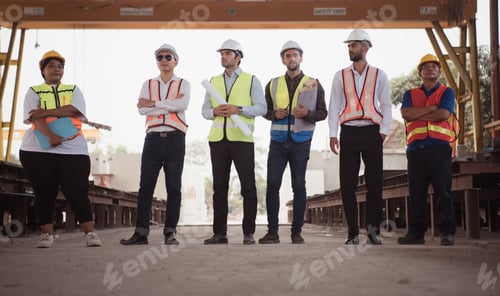 Preview: Group of architects, construction foremen, and construction engineers review the work
