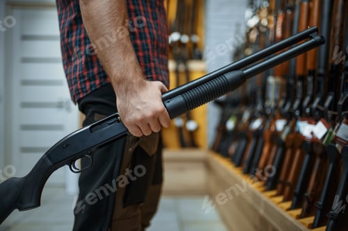 Preview: Male person with rifle at showcase in gun shop