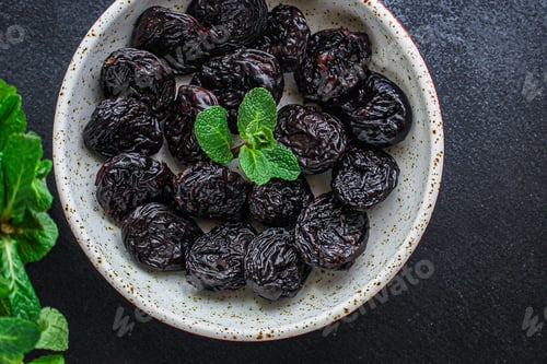 Preview: Prunes, Dried Plums (Tasty And Healthy Fruits) Menu Concept. Background. Top View. Copy Space